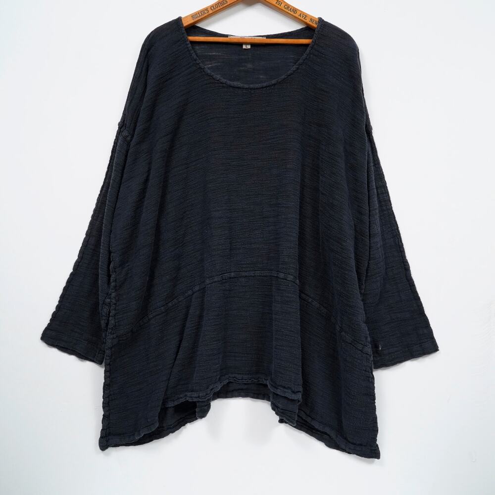 FLAX Women's L Black Linen Cotton Oversized Boxy Tunic Top Long Sleeve Lagenlook